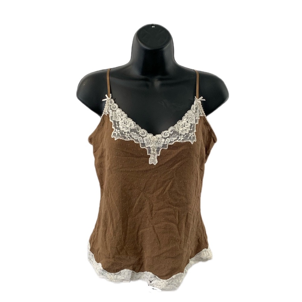Vintage Express Camisole Top – Women's Brown Floral Lace Trim Lingerie (90s)